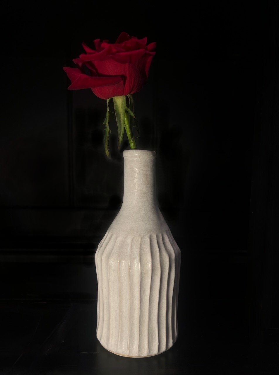 Carved Bud vase in soft matte White glaze, long shoulder