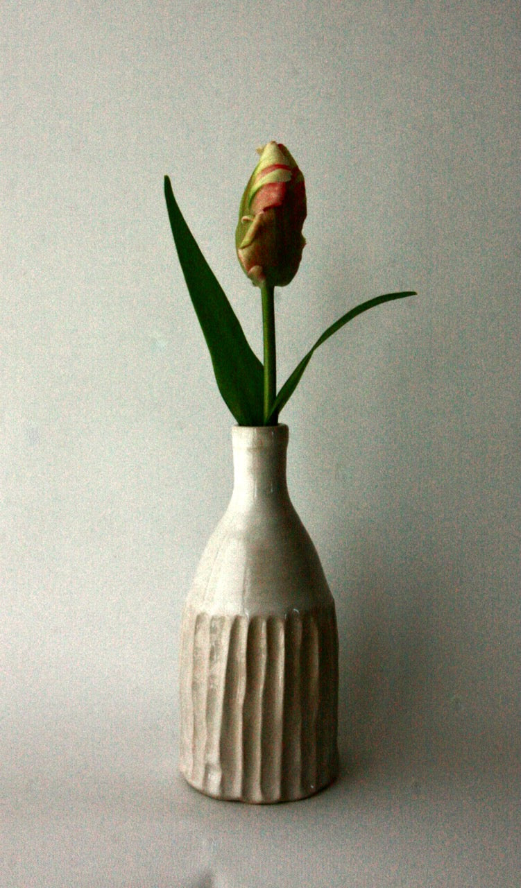 Carved Bud vase in soft glossy White glaze