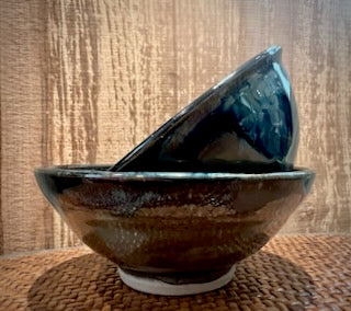 Pair of Bowls in Mossy Gray Glaze with Blue Galaxy Rim
