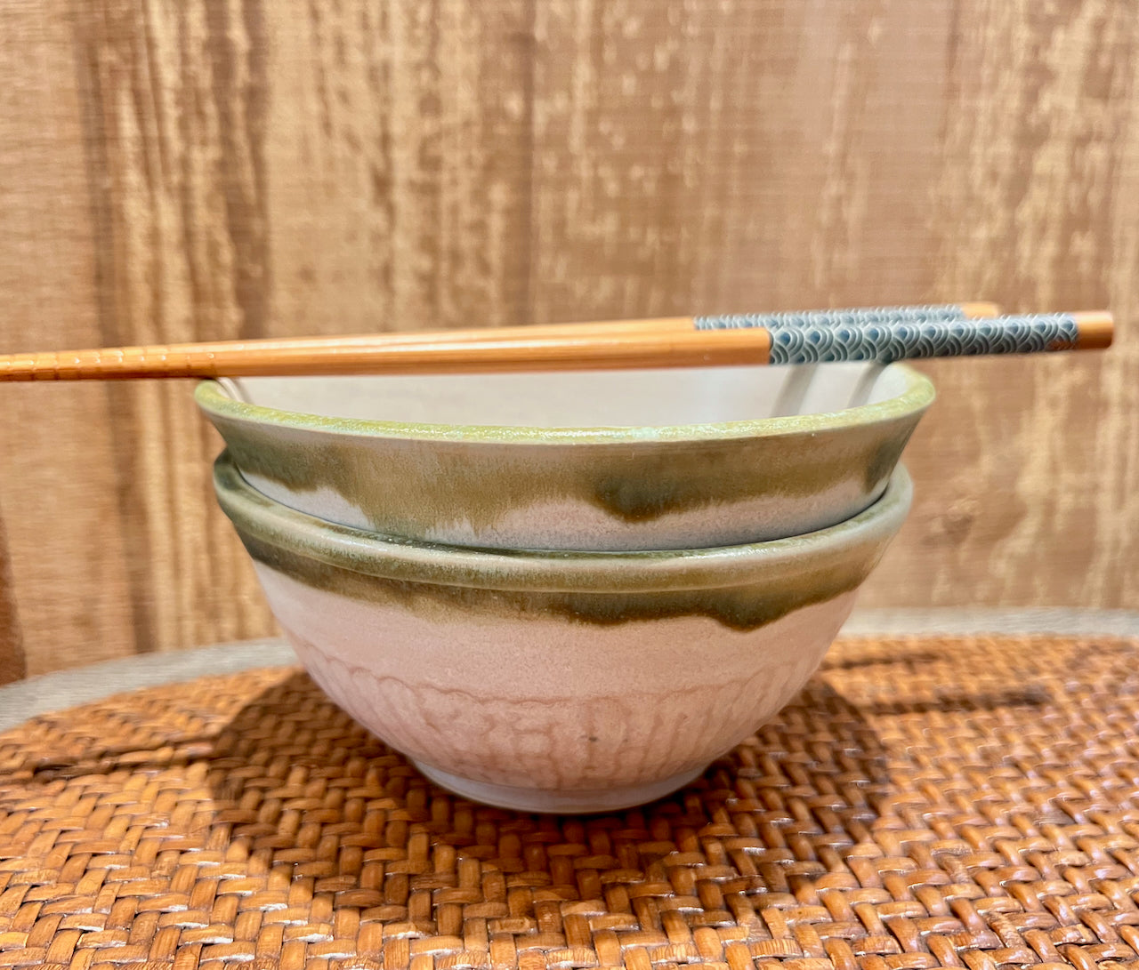 Pair of Bowls in Buff Gray Glaze with Copper Green Rim