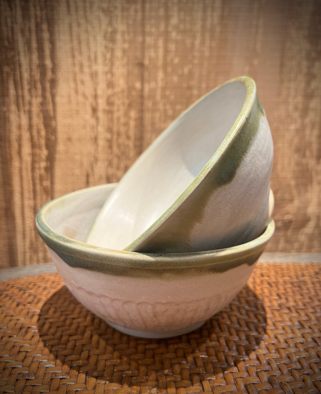 Pair of Bowls in Buff Gray Glaze with Copper Green Rim