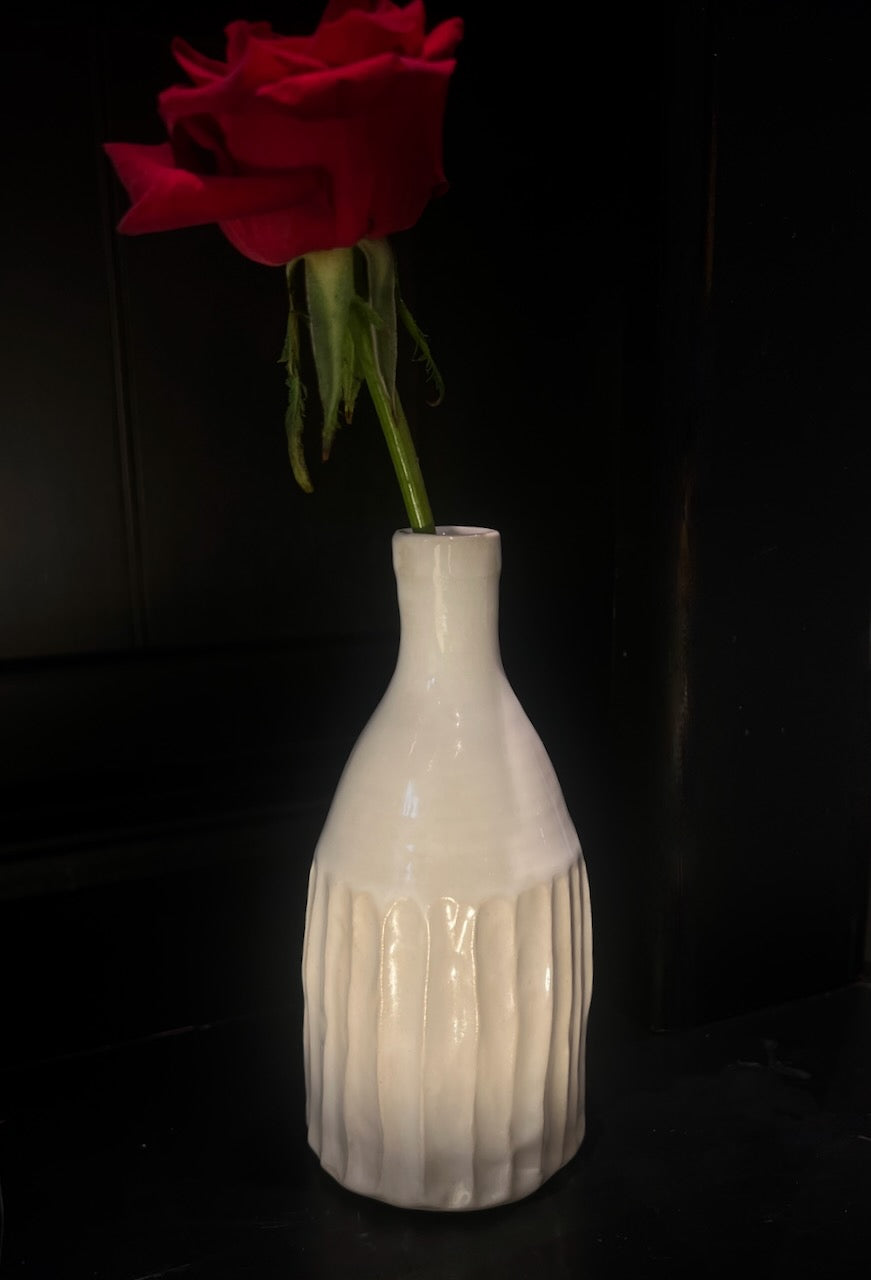 Carved Bud vase in soft glossy White glaze