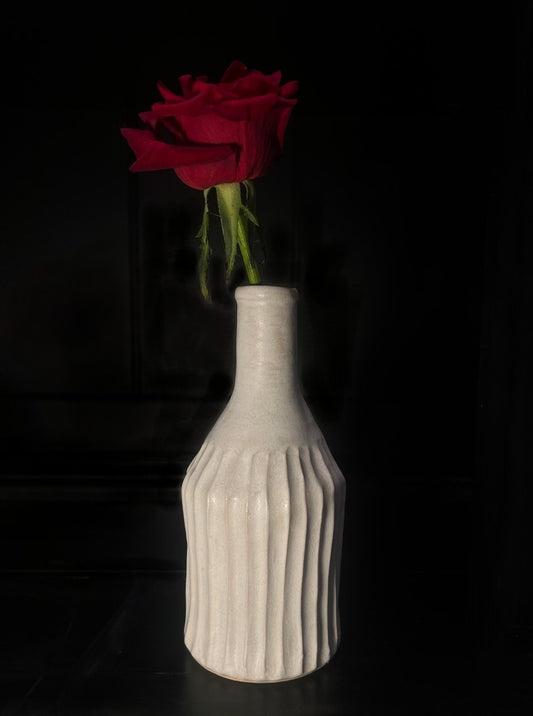 Carved Bud vase in soft matte White glaze, long shoulder