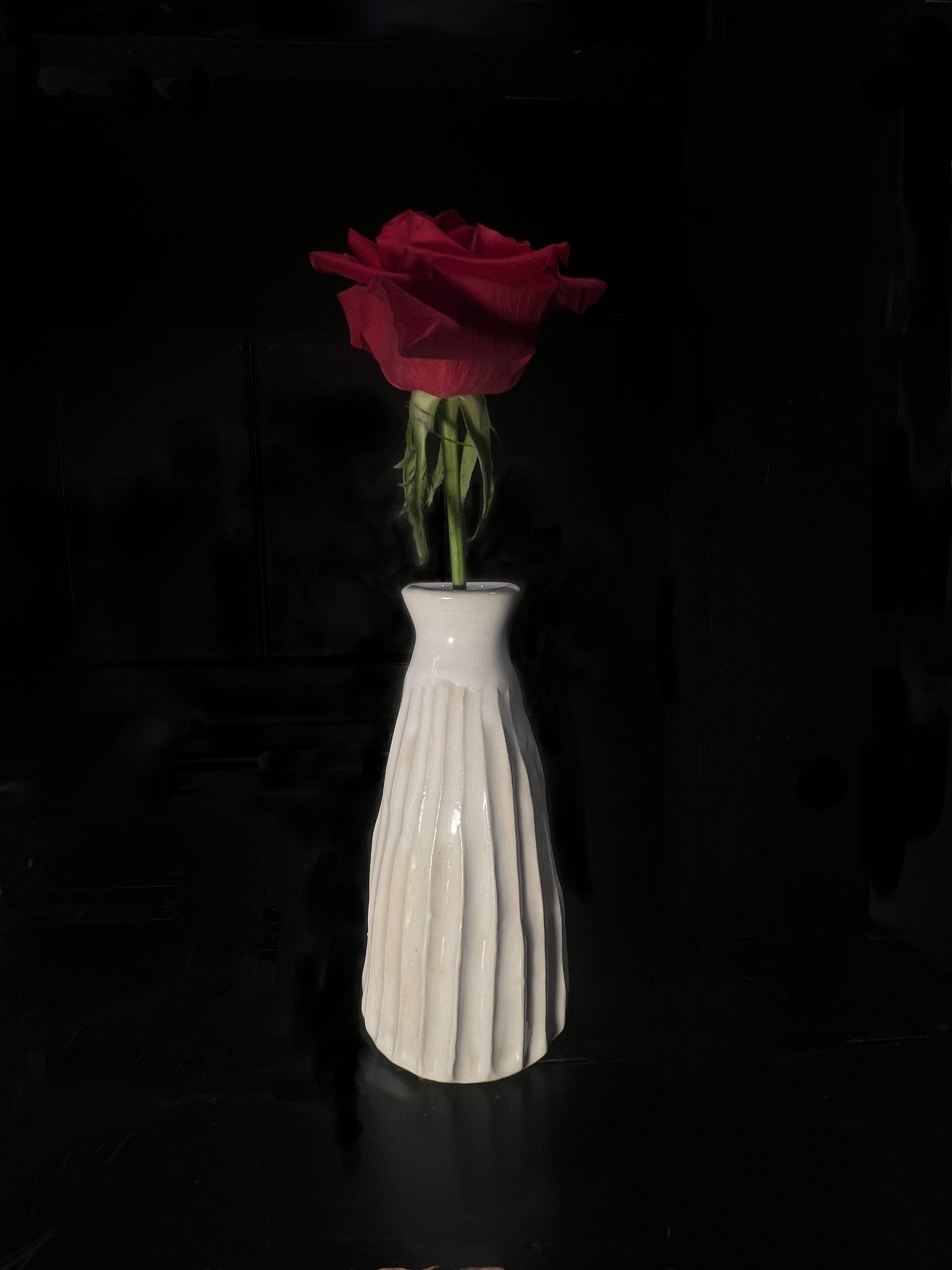 Carved Bud vase in soft matte White glaze, A-line